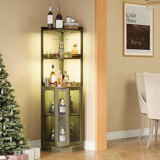 Corner Bar Cabinet with LED Lighting & Power Outlet – 65" Tall 5-Tier Wine & Liquor Display for Kitchen, Living Room, or Home Bar (Gray)