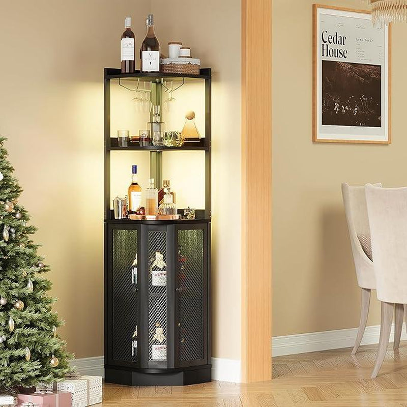 Corner Bar Cabinet with LED Lighting & Power Outlet – 65" Tall 5-Tier Wine & Liquor Display for Kitchen, Living Room, or Home Bar (Gray)