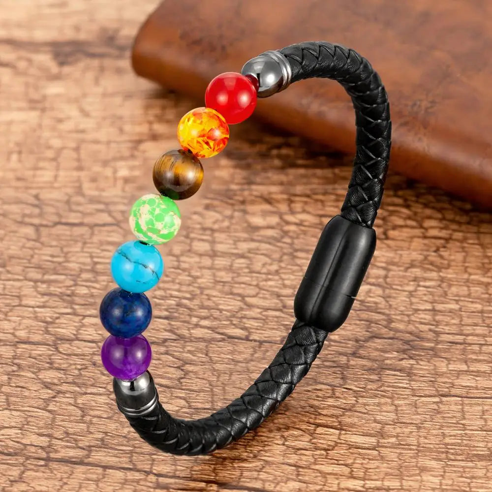 Chakra Stone & Leather Bracelet – Natural Beads with Black Genuine Leather & Stainless Steel Clasp