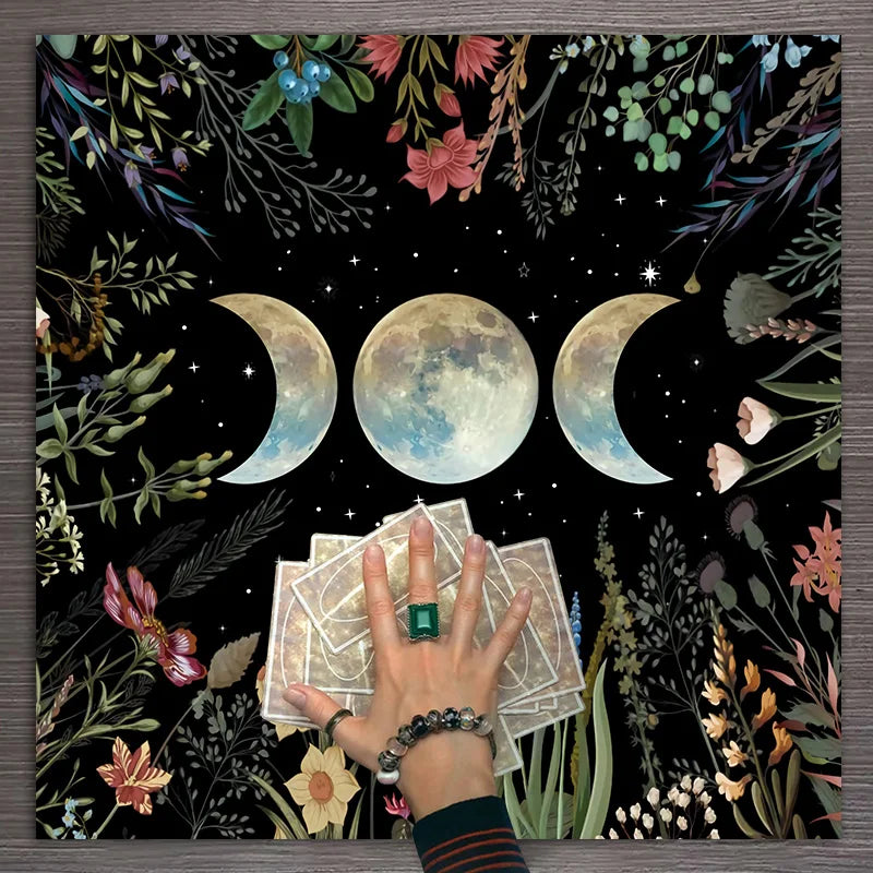 Celestial Flower Triple Moon Tarot Cloth – Altar Decor for Witchy Rituals & Card Readings