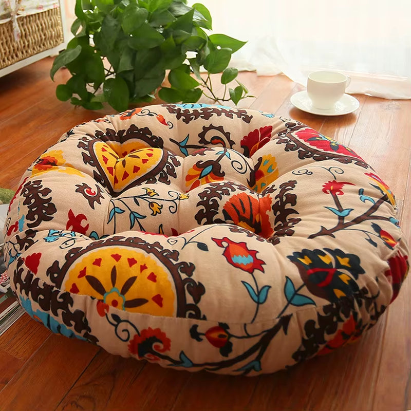 Round Floor Meditation Cushion- Thick Cotton Linen Seat for Ritual, Yoga & Teahouse Moments