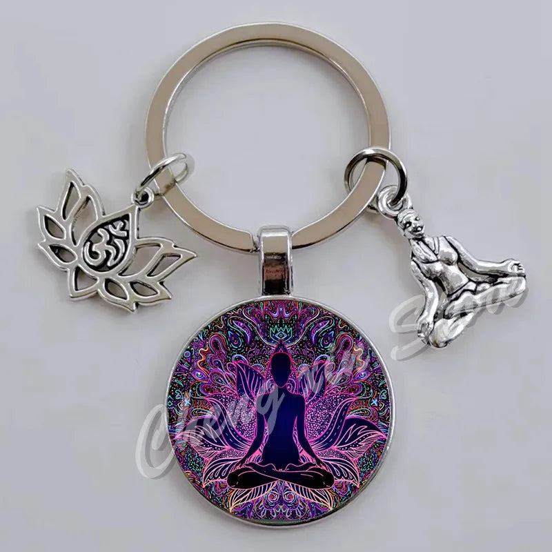 Chakra Mandala Glass Keychain – Indian Buddha Meditation Ornament for Yoga & Spiritual Gifts