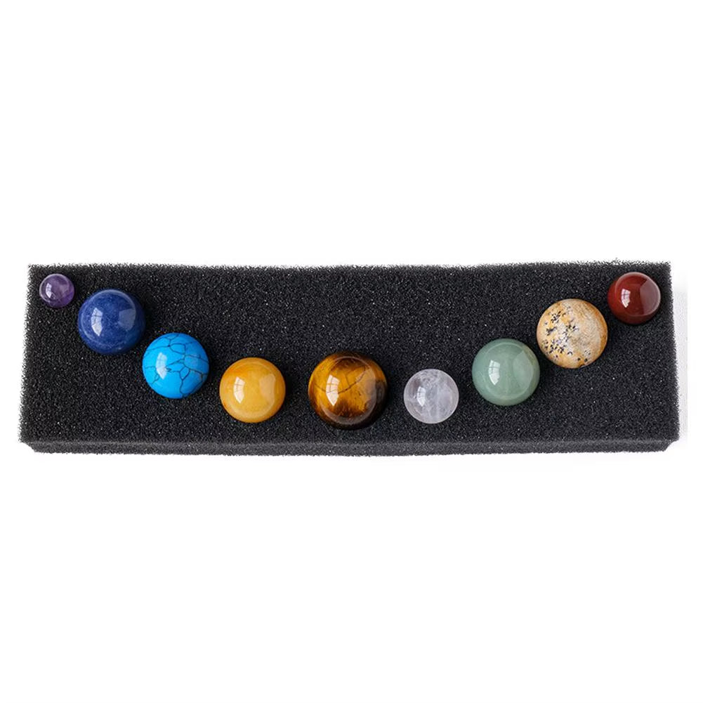 Crystal Solar System – 9 Planet Gemstone Sphere Set with Wooden Display Box