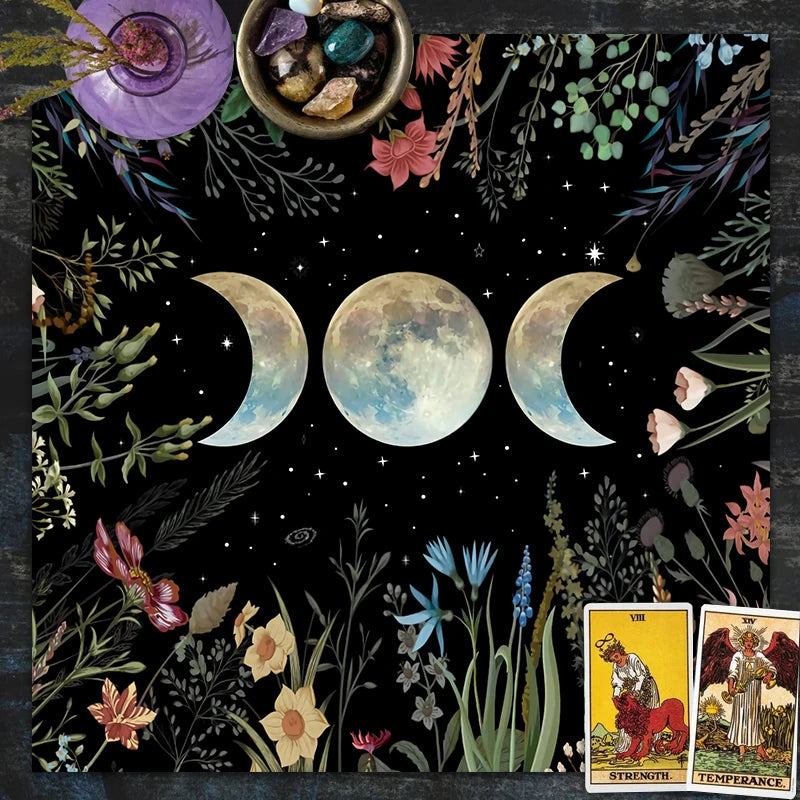 Celestial Flower Triple Moon Tarot Cloth – Altar Decor for Witchy Rituals & Card Readings