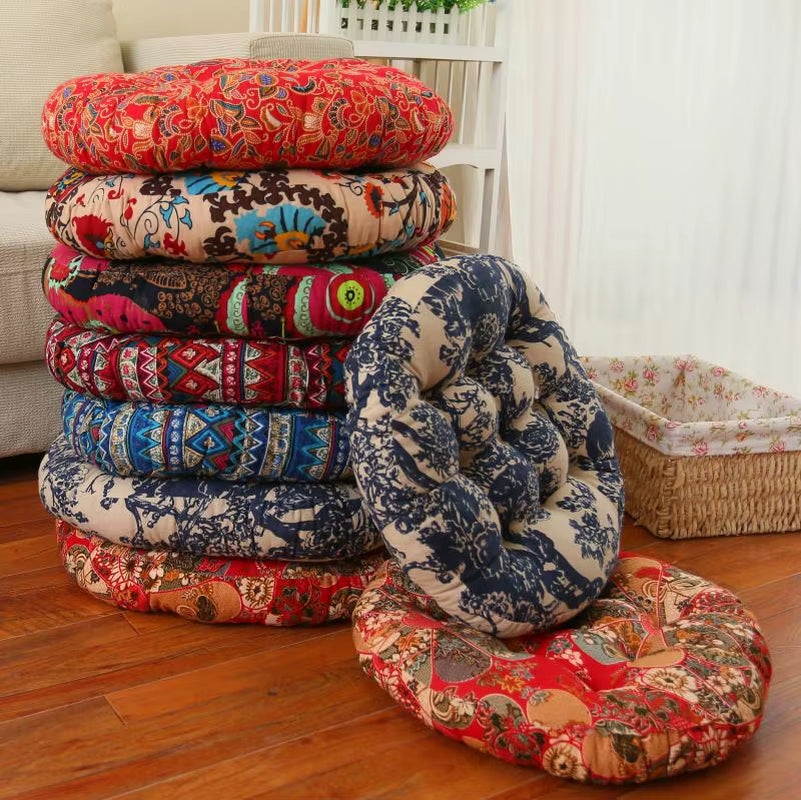 Round Floor Meditation Cushion- Thick Cotton Linen Seat for Ritual, Yoga & Teahouse Moments