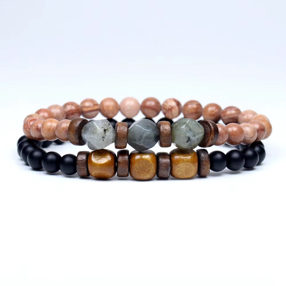 Lava Stone & Labradorite Chakra Bracelet Set – Moonstone, Wood Beads, Yoga Energy Jewelry for Men