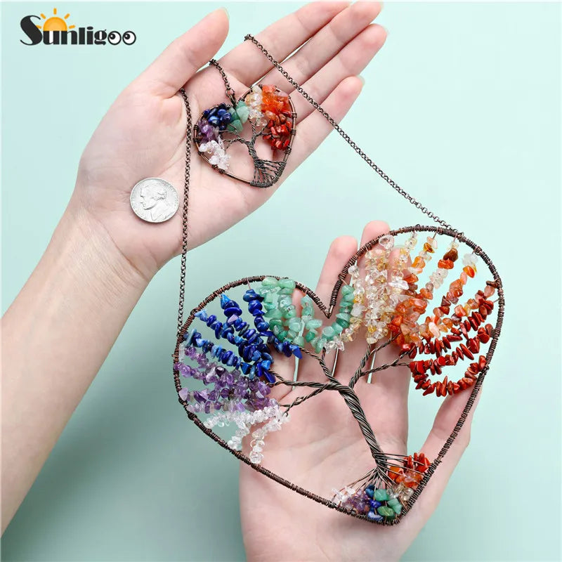 Love Heart Tree of Life Crystal Hanging Ornament Chakra Gemstones Yoga Spiritual Meditation Garden Wedding Home Decor