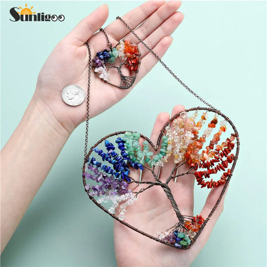 Love Heart Tree of Life Crystal Hanging Ornament Chakra Gemstones Yoga Spiritual Meditation Garden Wedding Home Decor