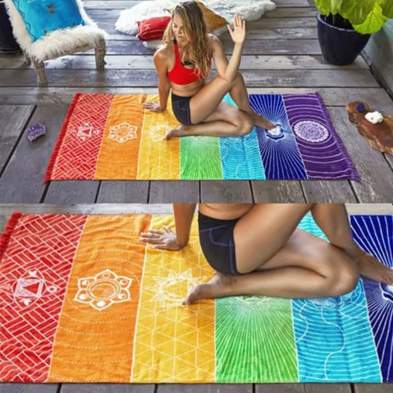 Rainbow Chakra Tapestry with Tassels – Mandala Boho Travel Mat, Beach Shawl & Meditation Wrap 1 pc