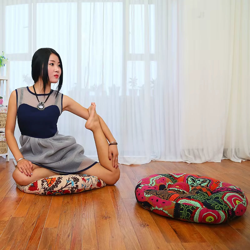 Round Floor Meditation Cushion- Thick Cotton Linen Seat for Ritual, Yoga & Teahouse Moments