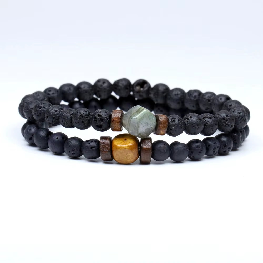 Lava Stone & Labradorite Chakra Bracelet Set – Moonstone, Wood Beads, Yoga Energy Jewelry for Men