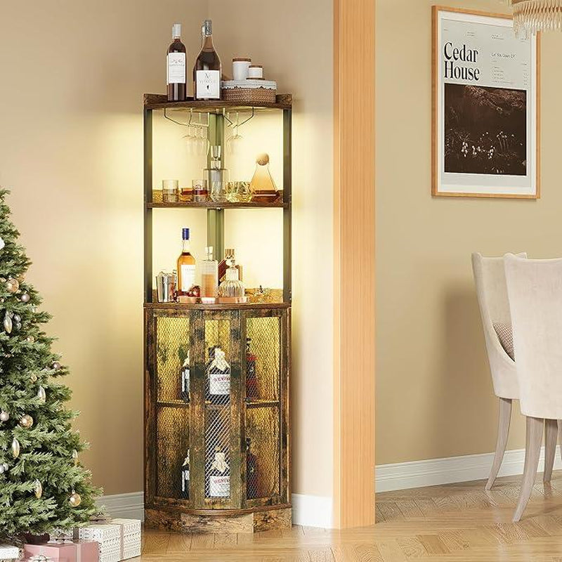 Corner Bar Cabinet with LED Lighting & Power Outlet – 65" Tall 5-Tier Wine & Liquor Display for Kitchen, Living Room, or Home Bar (Gray)