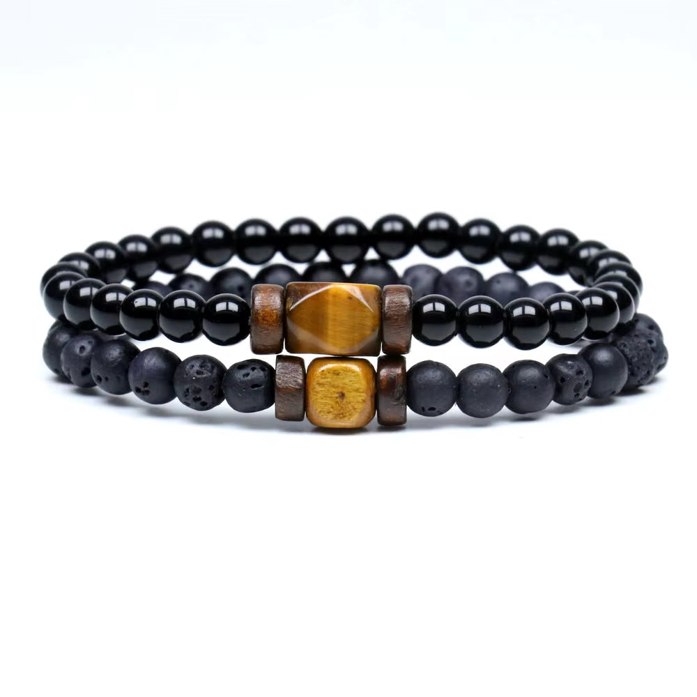 Lava Stone & Labradorite Chakra Bracelet Set – Moonstone, Wood Beads, Yoga Energy Jewelry for Men