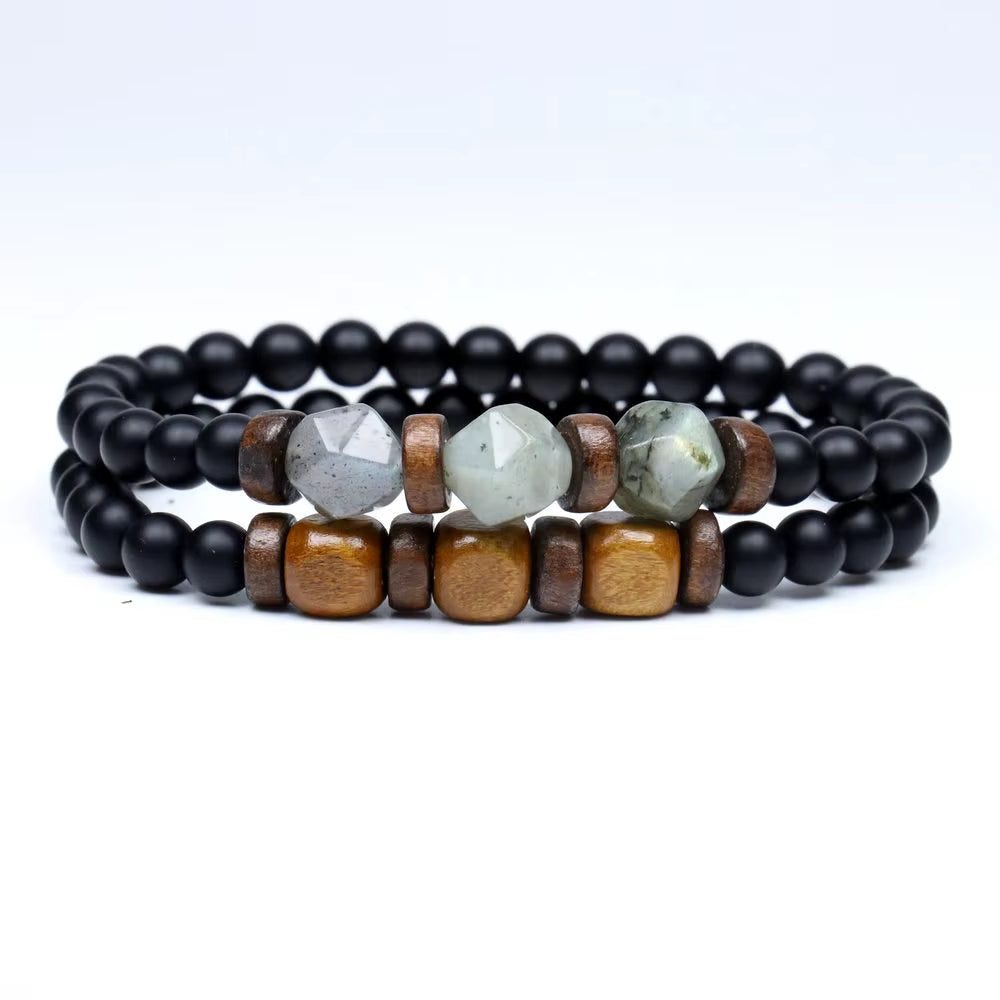 Lava Stone & Labradorite Chakra Bracelet Set – Moonstone, Wood Beads, Yoga Energy Jewelry for Men