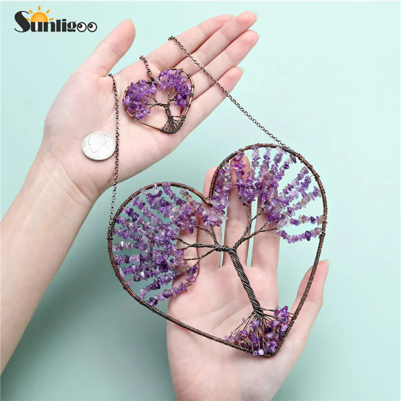 Love Heart Tree of Life Crystal Hanging Ornament Chakra Gemstones Yoga Spiritual Meditation Garden Wedding Home Decor