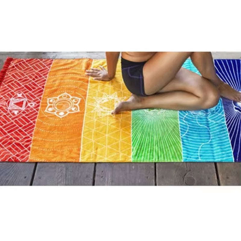 Rainbow Chakra Tapestry with Tassels – Mandala Boho Travel Mat, Beach Shawl & Meditation Wrap 1 pc