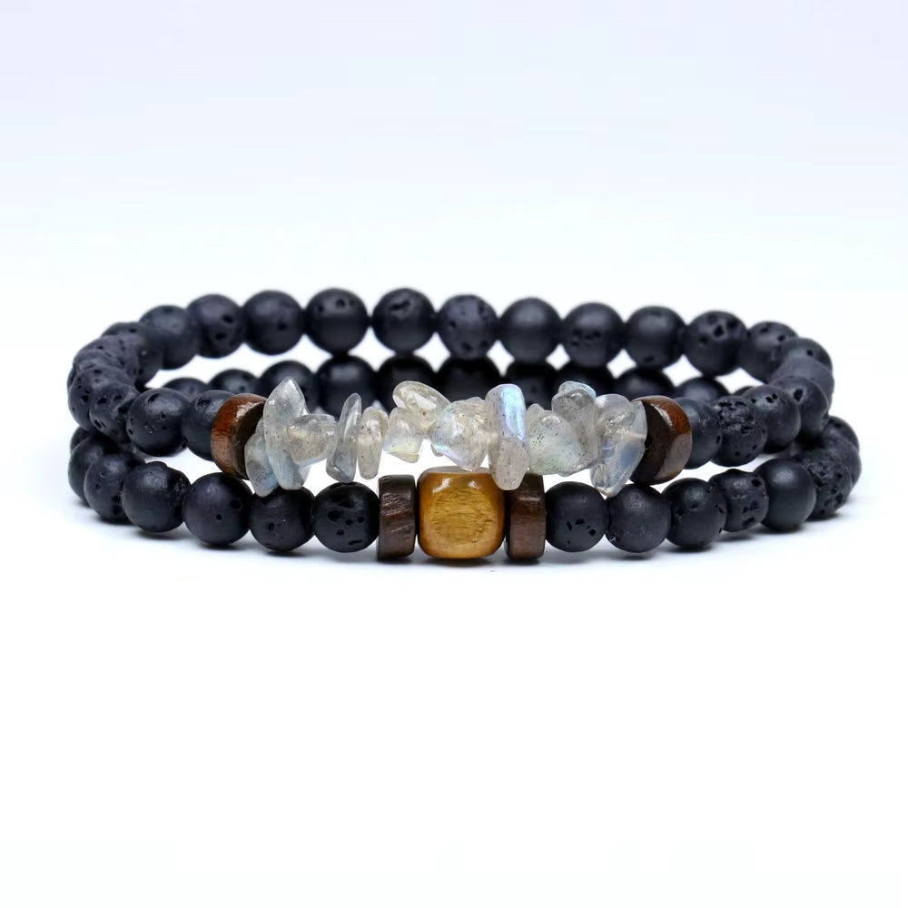 Lava Stone & Labradorite Chakra Bracelet Set – Moonstone, Wood Beads, Yoga Energy Jewelry for Men