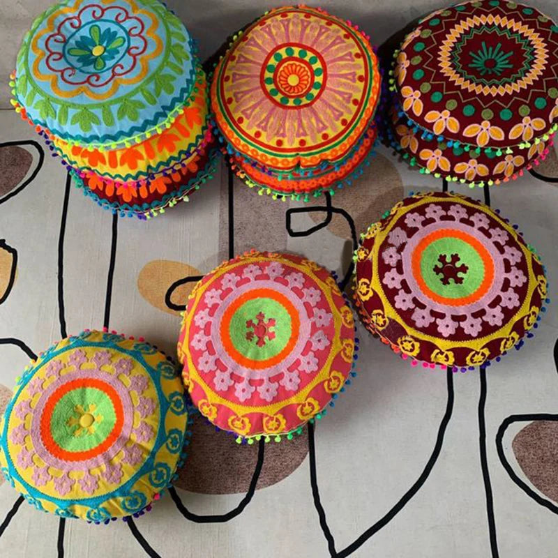 Bohemian Embroidered Floor Cushion Thick Yoga Pouf, Meditation Mat or Window Seat Pad