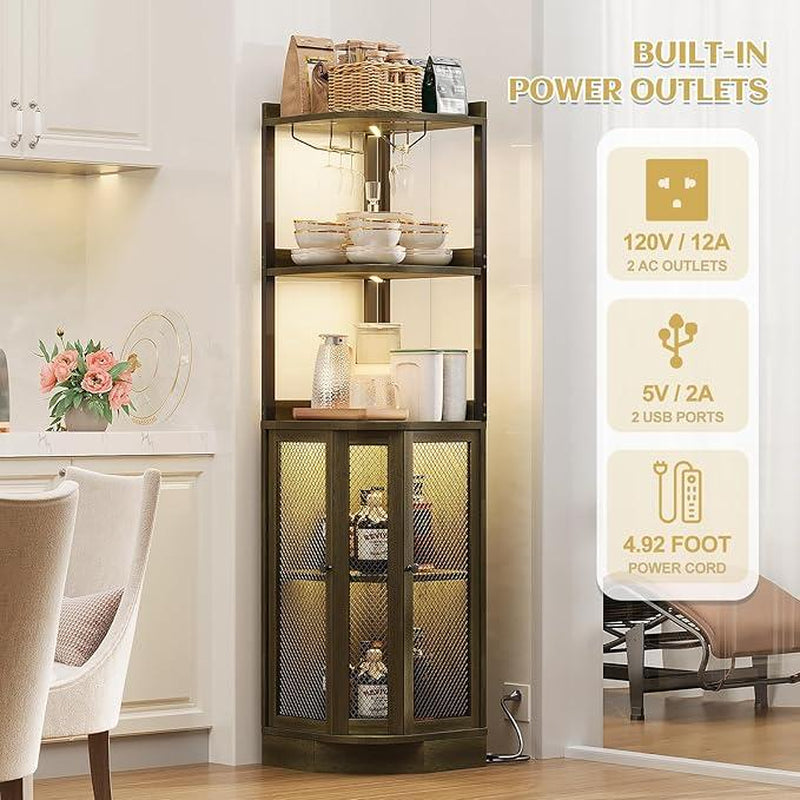 Corner Bar Cabinet with LED Lighting & Power Outlet – 65" Tall 5-Tier Wine & Liquor Display for Kitchen, Living Room, or Home Bar (Gray)