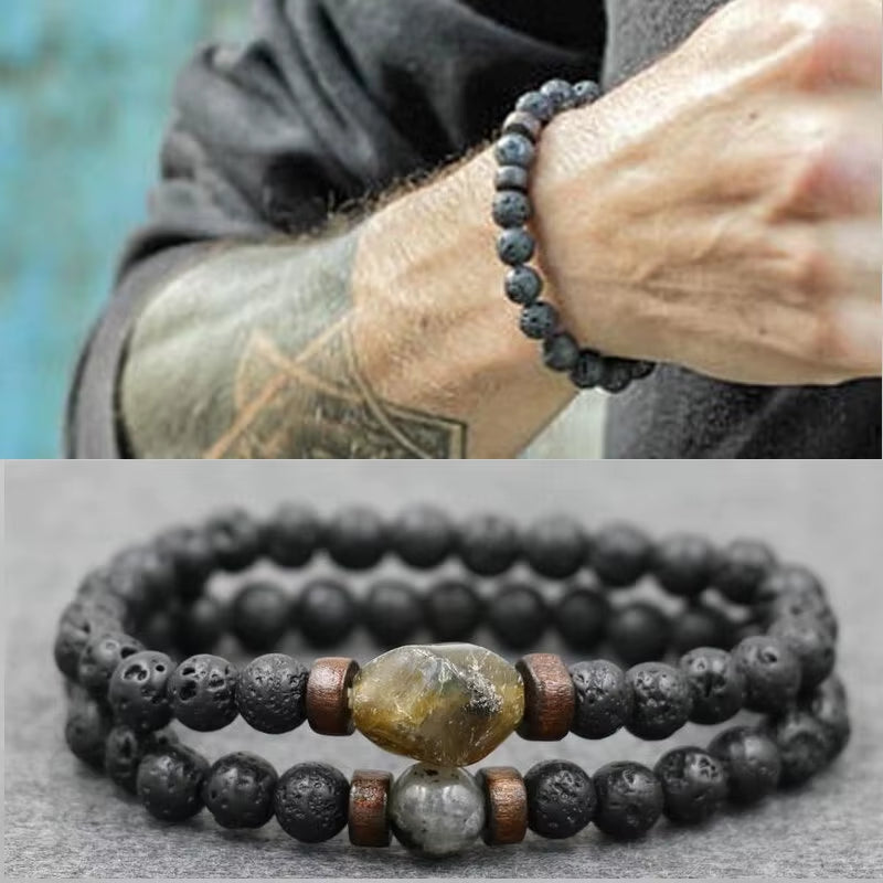 Lava Stone & Labradorite Chakra Bracelet Set – Moonstone, Wood Beads, Yoga Energy Jewelry for Men