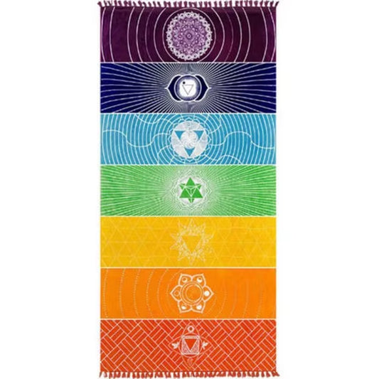 Rainbow Chakra Tapestry with Tassels – Mandala Boho Travel Mat, Beach Shawl & Meditation Wrap 1 pc