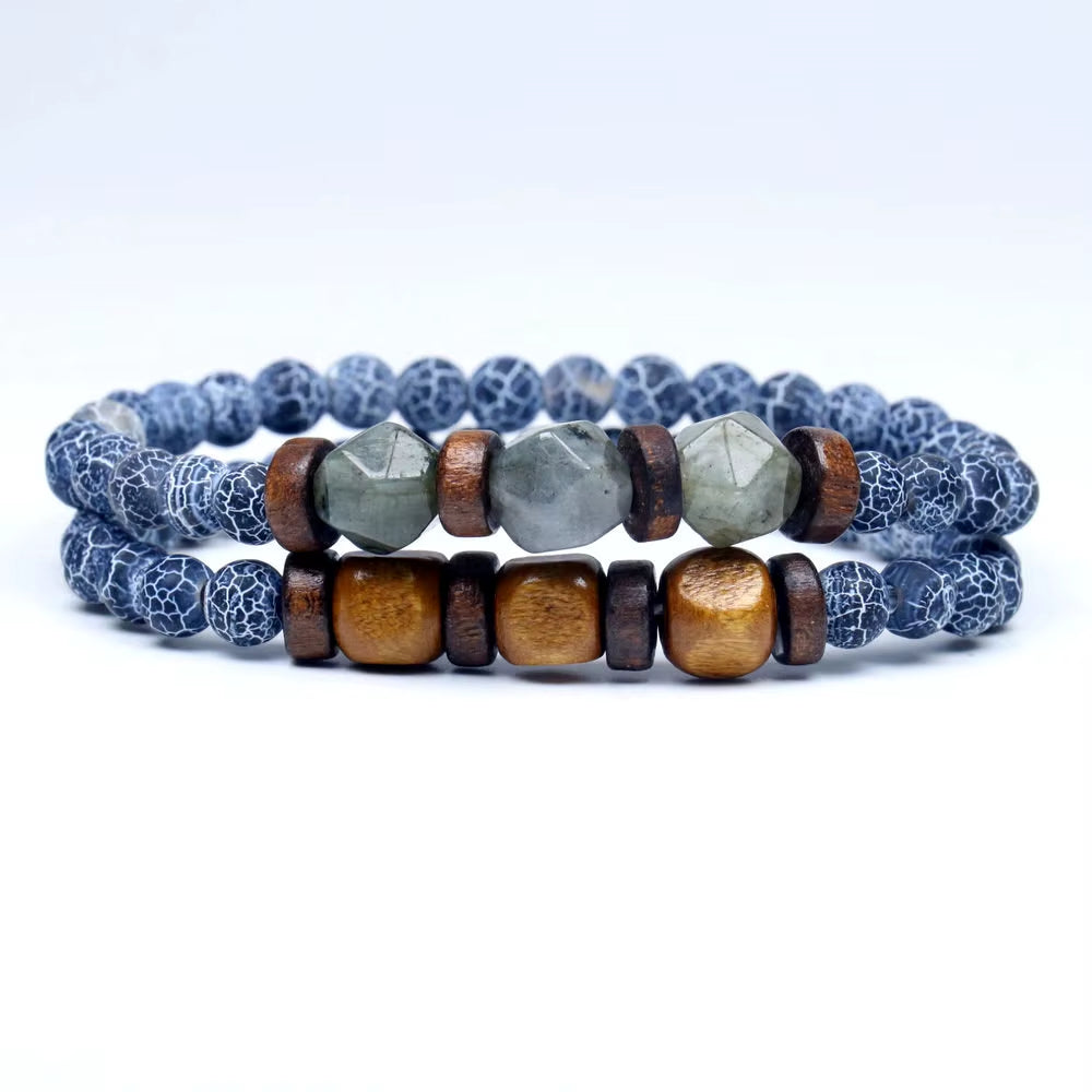Lava Stone & Labradorite Chakra Bracelet Set – Moonstone, Wood Beads, Yoga Energy Jewelry for Men