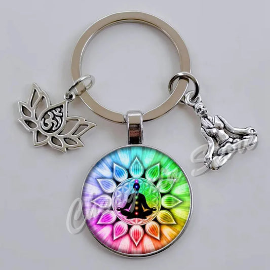 Chakra Mandala Glass Keychain – Indian Buddha Meditation Ornament for Yoga & Spiritual Gifts