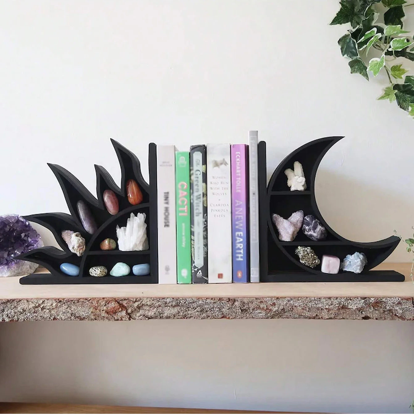 Sun & Moon Crystal Shelf Bookends – Boho Home Decor for Crystals, Books & Altars