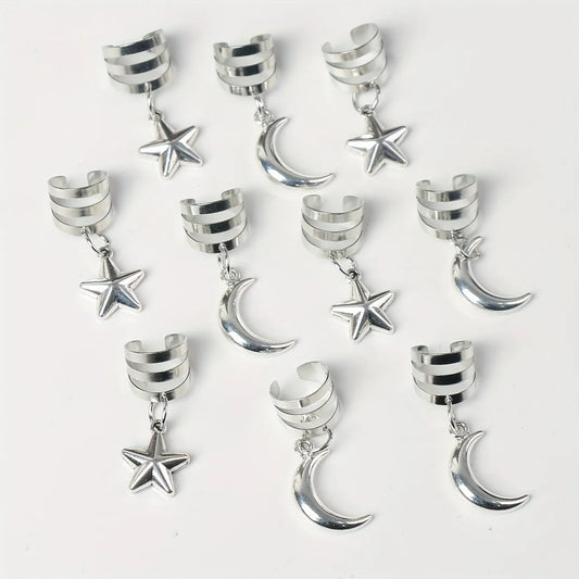 10pcs Celestial Hair Rings – Star & Moon Braid Charms for Boho Braids, Locs & Festival Hair Magic
