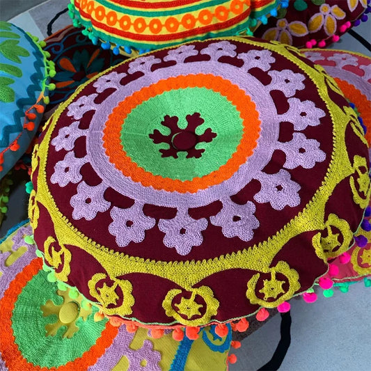 Bohemian Embroidered Floor Cushion Thick Yoga Pouf, Meditation Mat or Window Seat Pad