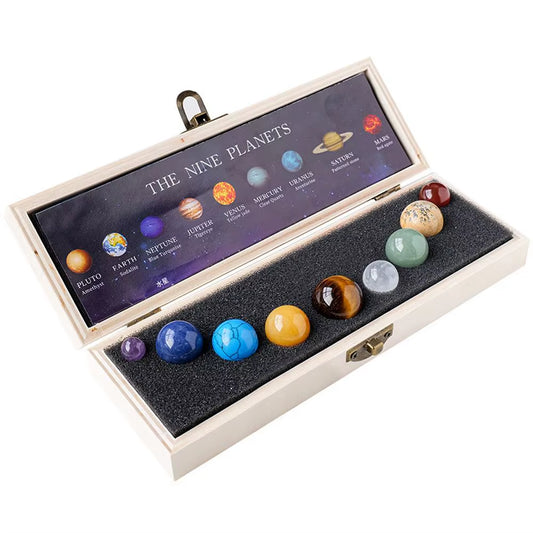 Crystal Solar System – 9 Planet Gemstone Sphere Set with Wooden Display Box