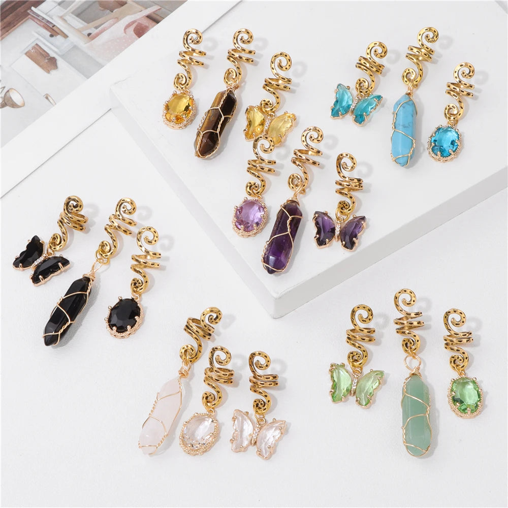 Green Crystal Aventurines Butterfly Hexagonal Prism round Shape Hair Clip 3Pcs/Set Headwear Women Healing Reiki Hair Accessories