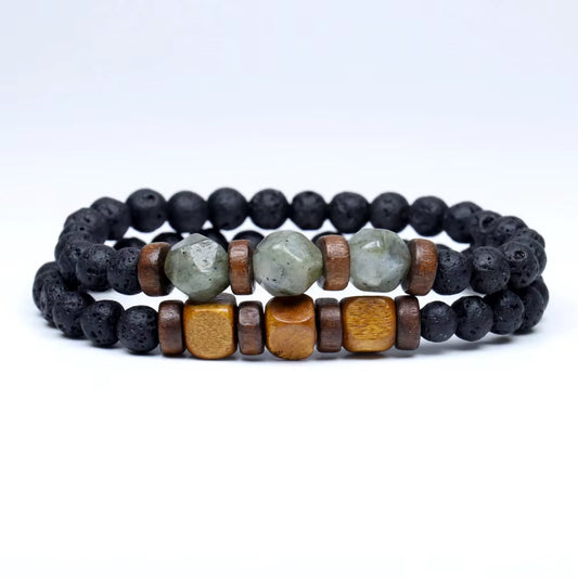Lava Stone & Labradorite Chakra Bracelet Set – Moonstone, Wood Beads, Yoga Energy Jewelry for Men