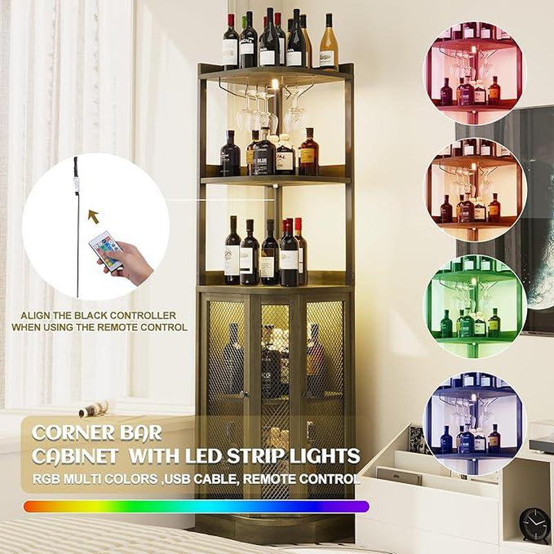 Corner Bar Cabinet with LED Lighting & Power Outlet – 65" Tall 5-Tier Wine & Liquor Display for Kitchen, Living Room, or Home Bar (Gray)