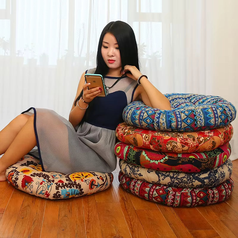 Round Floor Meditation Cushion- Thick Cotton Linen Seat for Ritual, Yoga & Teahouse Moments