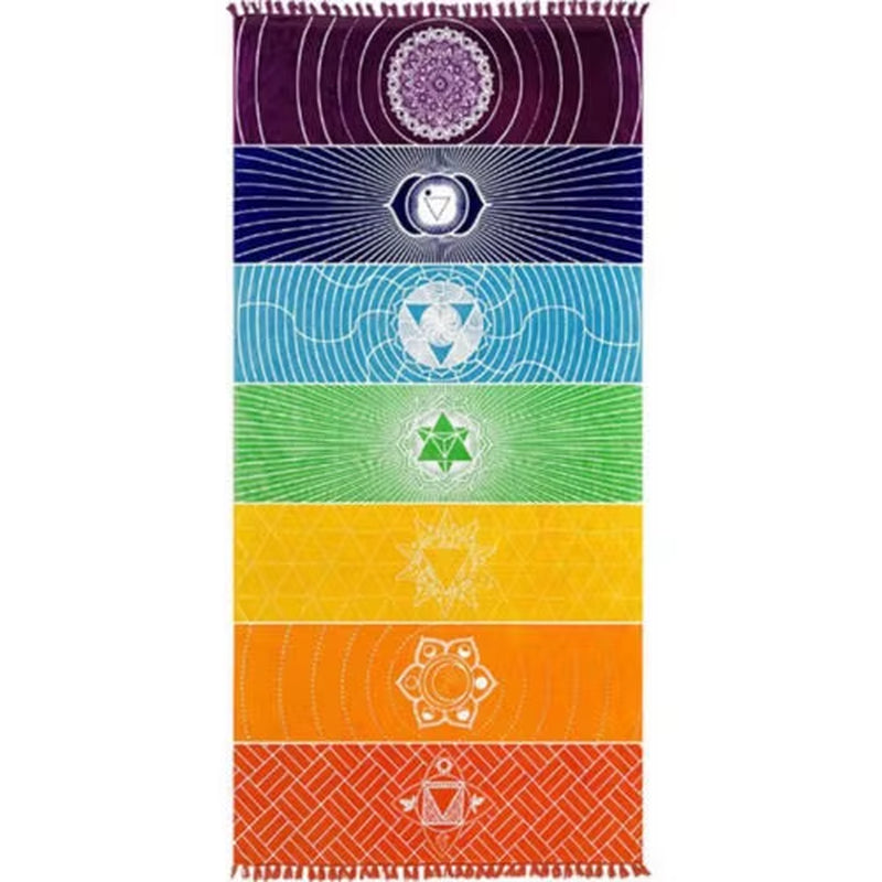 Rainbow Chakra Tapestry with Tassels – Mandala Boho Travel Mat, Beach Shawl & Meditation Wrap 1 pc