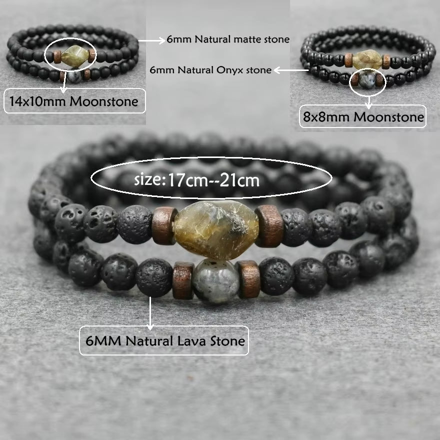 Lava Stone & Labradorite Chakra Bracelet Set – Moonstone, Wood Beads, Yoga Energy Jewelry for Men