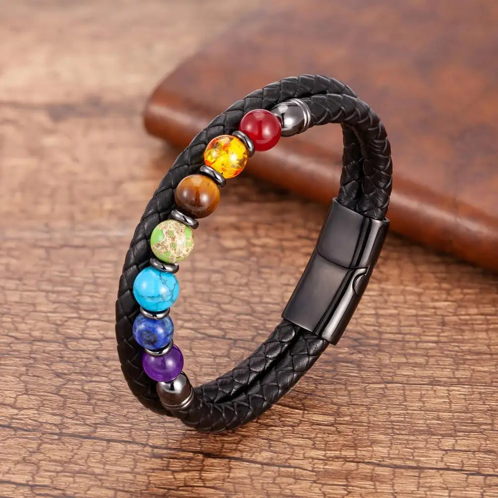 Chakra Stone & Leather Bracelet – Natural Beads with Black Genuine Leather & Stainless Steel Clasp