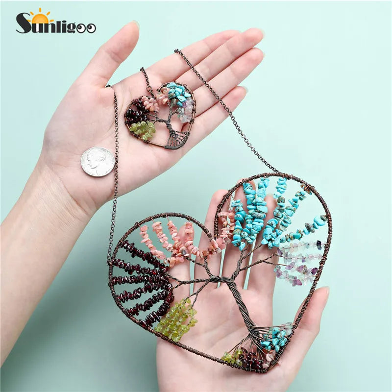 Love Heart Tree of Life Crystal Hanging Ornament Chakra Gemstones Yoga Spiritual Meditation Garden Wedding Home Decor