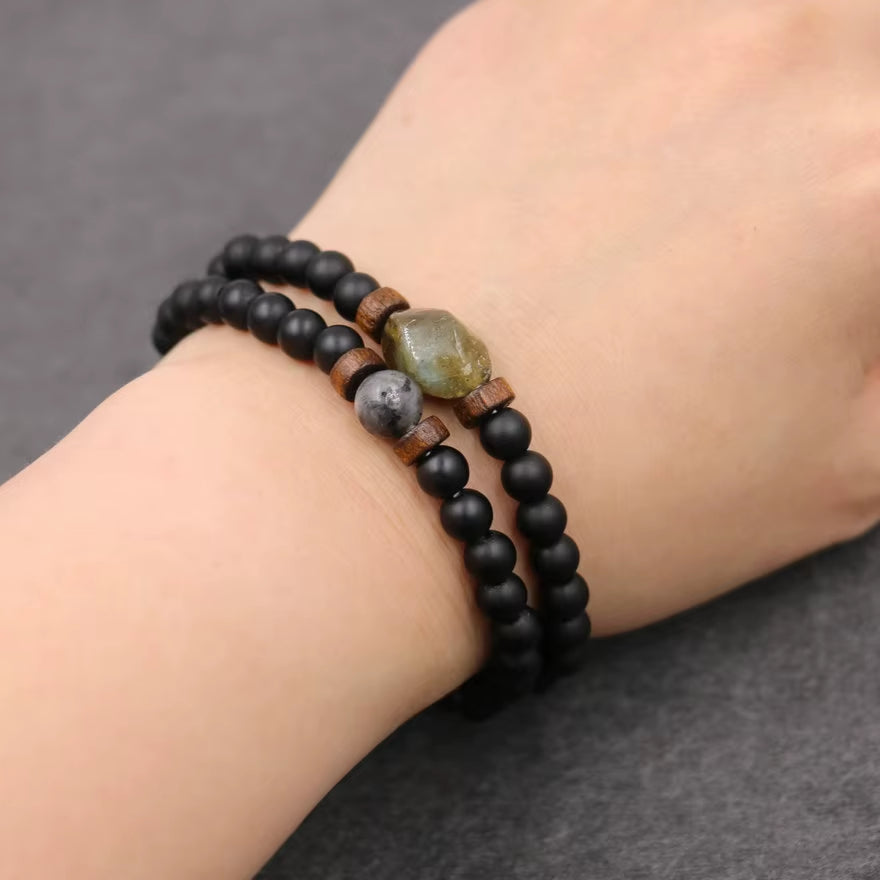 Lava Stone & Labradorite Chakra Bracelet Set – Moonstone, Wood Beads, Yoga Energy Jewelry for Men