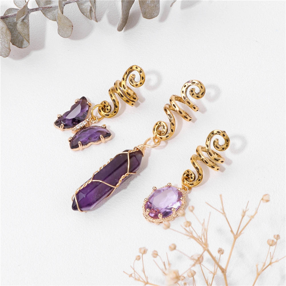 Green Crystal Aventurines Butterfly Hexagonal Prism round Shape Hair Clip 3Pcs/Set Headwear Women Healing Reiki Hair Accessories