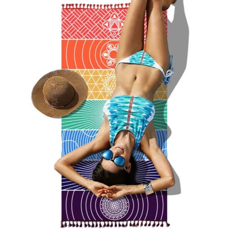 Rainbow Chakra Tapestry with Tassels – Mandala Boho Travel Mat, Beach Shawl & Meditation Wrap 1 pc