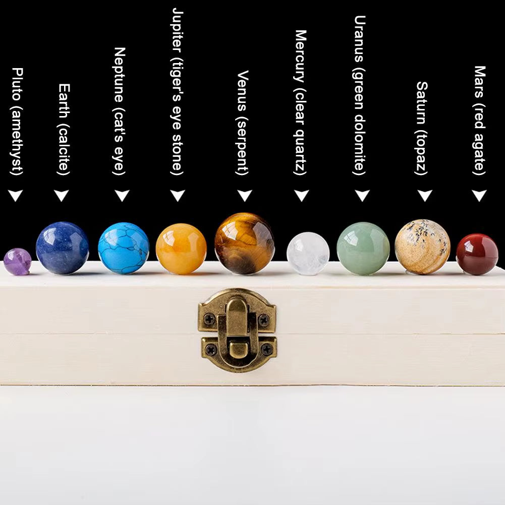 Crystal Solar System – 9 Planet Gemstone Sphere Set with Wooden Display Box