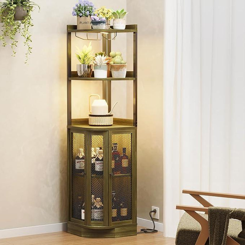 Corner Bar Cabinet with LED Lighting & Power Outlet – 65" Tall 5-Tier Wine & Liquor Display for Kitchen, Living Room, or Home Bar (Gray)