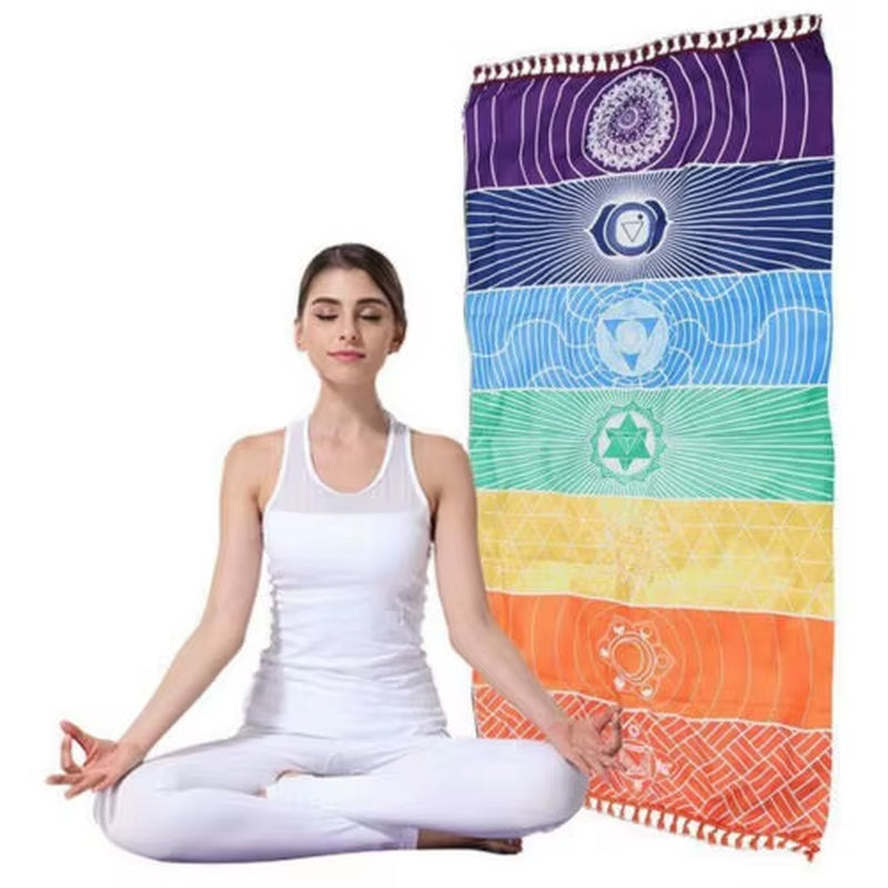 Rainbow Chakra Tapestry with Tassels – Mandala Boho Travel Mat, Beach Shawl & Meditation Wrap 1 pc
