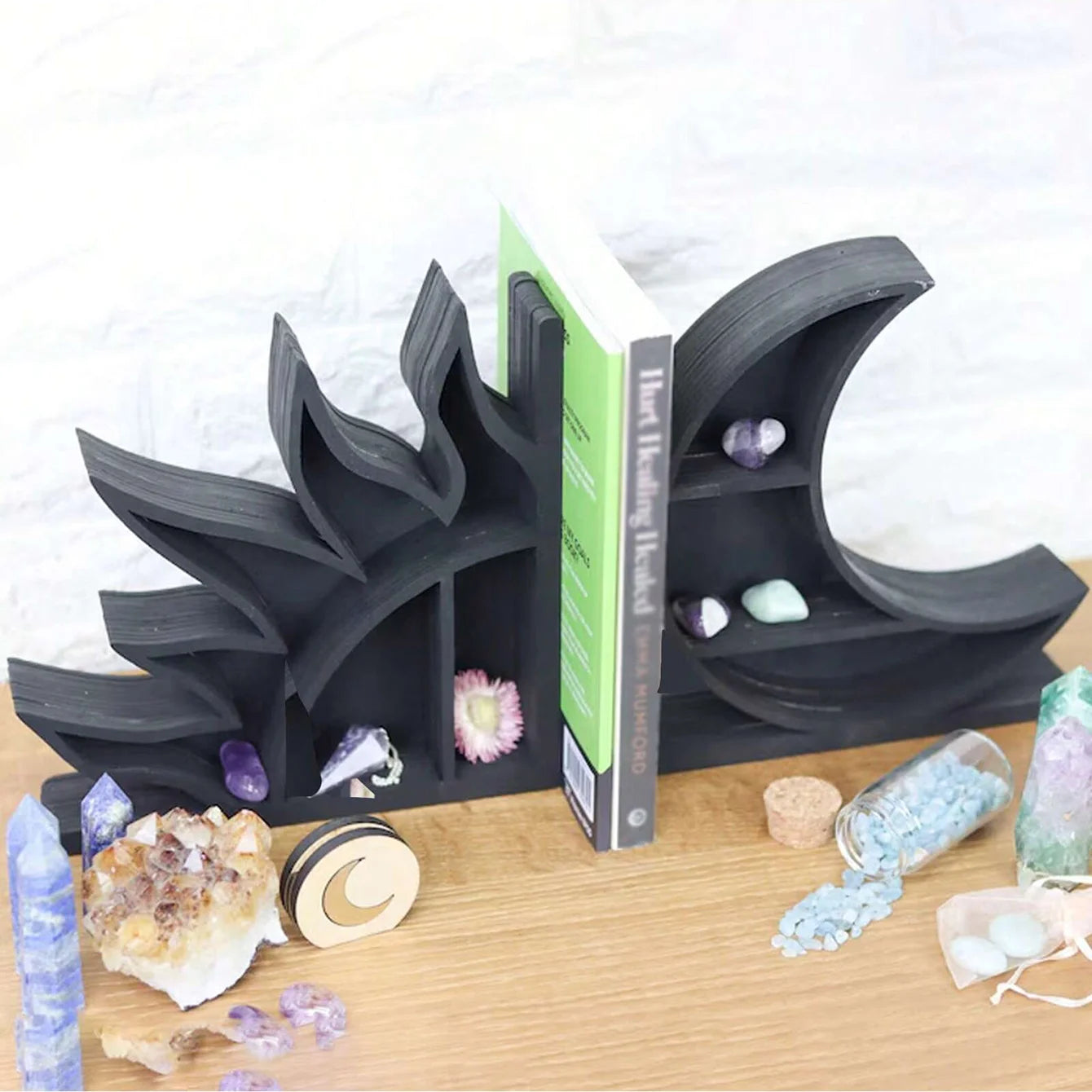 Sun & Moon Crystal Shelf Bookends – Boho Home Decor for Crystals, Books & Altars