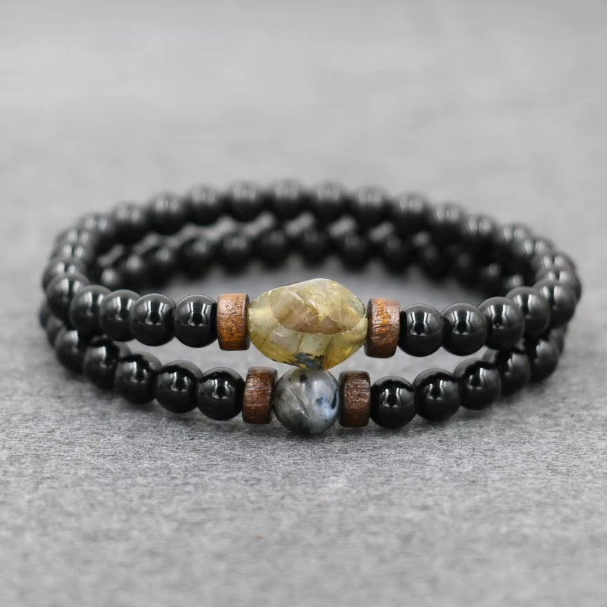 Lava Stone & Labradorite Chakra Bracelet Set – Moonstone, Wood Beads, Yoga Energy Jewelry for Men