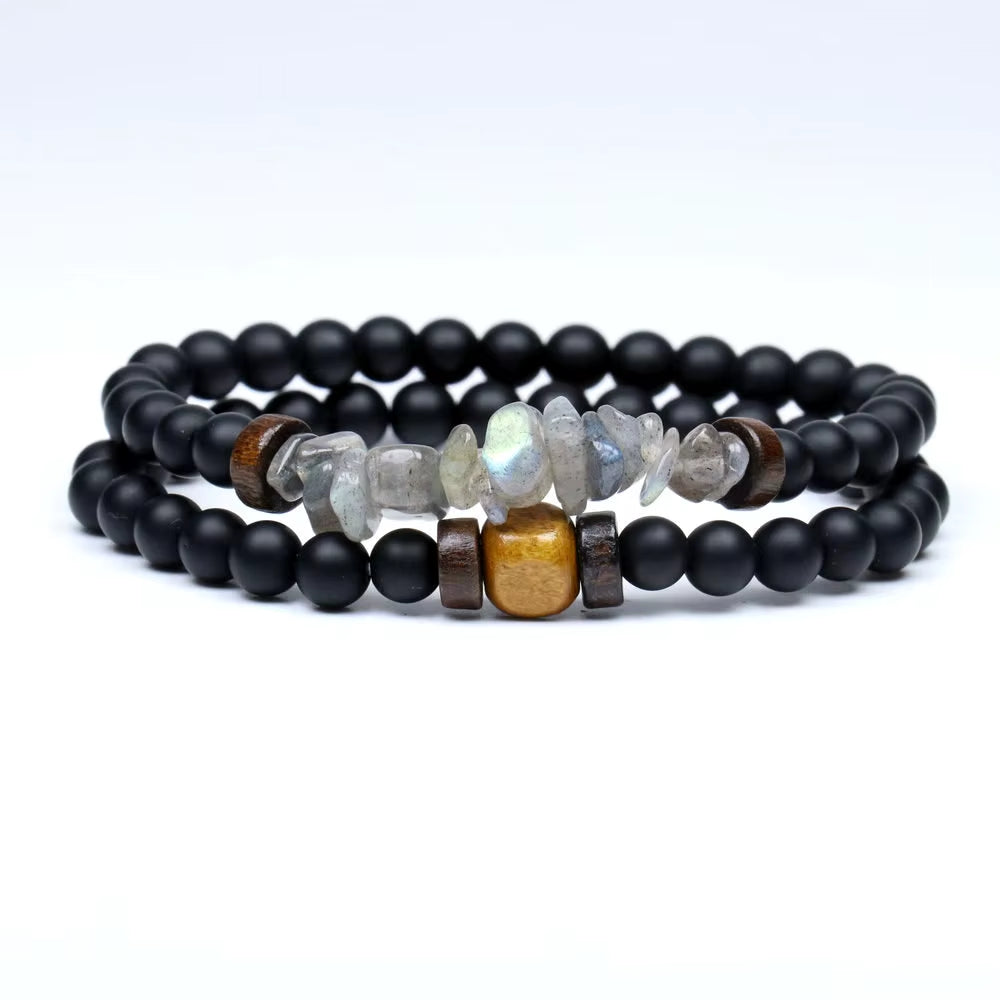 Lava Stone & Labradorite Chakra Bracelet Set – Moonstone, Wood Beads, Yoga Energy Jewelry for Men