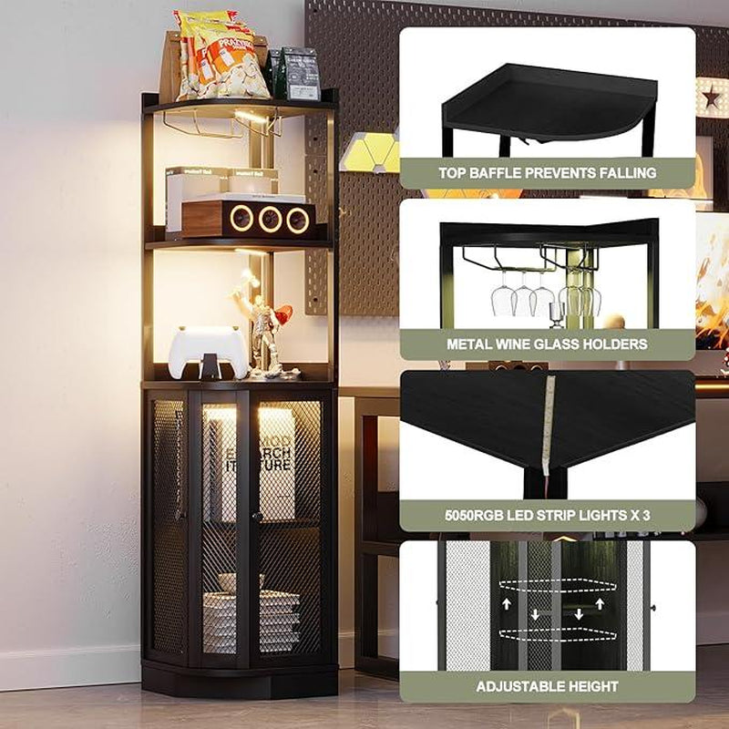 Corner Bar Cabinet with LED Lighting & Power Outlet – 65" Tall 5-Tier Wine & Liquor Display for Kitchen, Living Room, or Home Bar (Gray)
