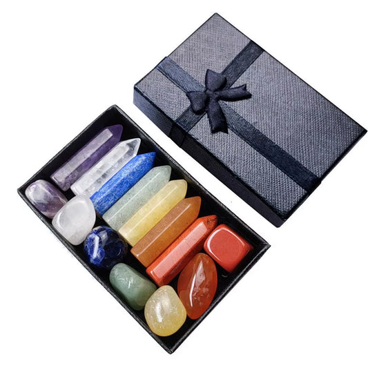 Chakra Healing Crystal Set – 7-Piece Hexagonal Point Gemstones in Gift Box